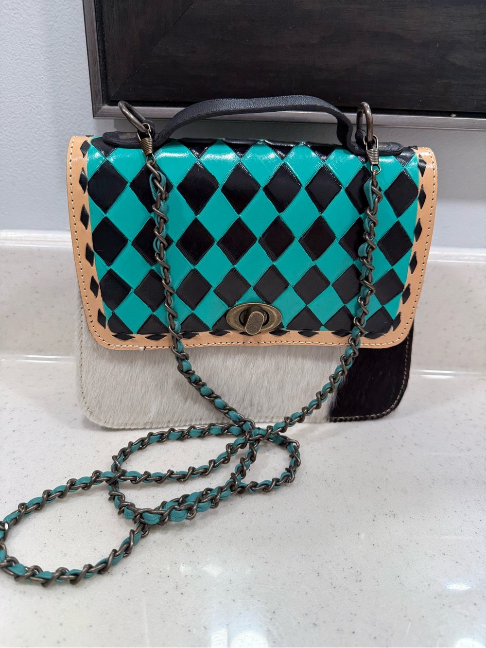 Checkered Turquoise & Black Crossbody Bag by